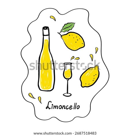 Limoncello sketch border with text on isolated background. Hand drawn doodle with lemons, alcohol drink, lemon liqueur, lemonade, shot glass, splashes. Italy traditional food. Design for label, poster