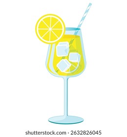 Limoncello spritz cocktail in glass vector illustration. Summer lemon Italian aperitif with ice. Refreshing Mediterranean drink.