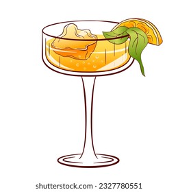 Limoncello spritz cocktail with lemon slice, basil leaves and ice cubes in line art cartoon style. Summer alcohol drink with limoncello, prosecco and club soda. Vector illustration isolated on a white