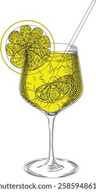 Limoncello spritz vector color illustration in sketch style. Hand drawn italian traditional lemon cocktail on isolated background. For bar and menu.