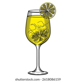 Limoncello spritz vector color illustration in sketch style. Hand drawn italian traditional lemon cocktail with lemon slice and ice on isolated background. Line art for bar and menu. Retro engraving