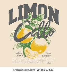 Limoncello vector graphic, vintage grunge orange fruit print design , women's graphic tee artwork for food fashion mood, college varsity text slogan text Limon cello, fruit print graphics 