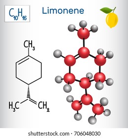 Limonene molecule - structural chemical formula and model. Cosmetic product, used in the production of flavors.Vector illustration  