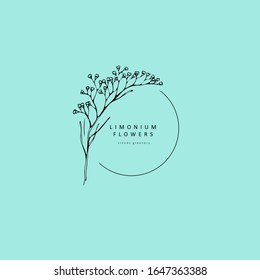 Limonium, logo de respiration et branche bébé. Herbe de mariage dessinée à la main, plante et monogramme avec d'élégantes feuilles pour l'invitation à sauvegarder la conception de la carte de date. Illustration vectorielle botanique rustique et tendance