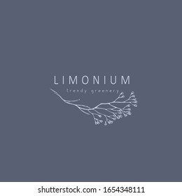 Limonium, logo de respiration et branche bébé. Herbe de mariage dessinée à la main, plante et monogramme avec d'élégantes feuilles pour l'invitation à sauvegarder la conception de la carte de date. Illustration vectorielle botanique rustique et tendance