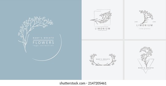 Limonium, babys breath logo set. Hand drawn wedding herb, plant and monogram with elegant leaves for invitation save the date card design. Botanical rustic trendy greenery vector collection