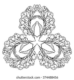 Limonium flower vector art mandala design for adult coloring page, kaleidoscopic trinity sacred symbol made of flowers ornament design illustration of marsh rosemary template for coloring