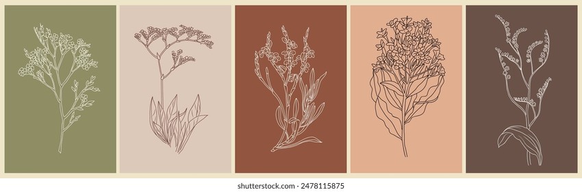 Limonium flowers set. Outlined Statice floral plants with blooms. Vintage botanical drawing of Sea-Lavender. Blossomed Caspia. Hand-drawn vector illustrations wall art with earth tone backgrounds.