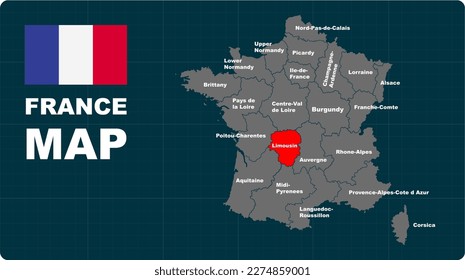 Limousin Map, Limousin red highlighted in 🇫🇷 FANCE 🇫🇷 map, flat design illustration vector