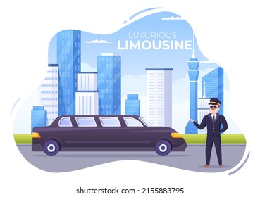 Coche limusino con vistas urbanas y concepto de metrópolis de lujo en ilustración de caricatura plana