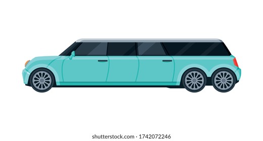 Limousine Car, Elegant Premium Luxurious Light Blue Vehicle, Side View Flat Vector Illustration