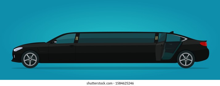 Limousine Car With Open Back Door Isolated, Side View. Vector Flat Style Illustration.