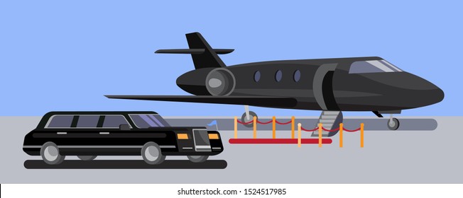 limousine car and private jet in airport with red carpet flat design vector