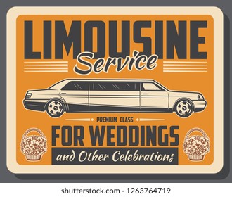 Limousine car rental service retro vintage poster. Vector limo automobile and flowers on wedding or holiday celebration party event