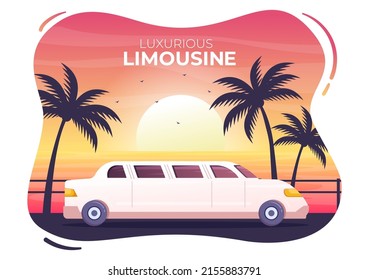 Limousine Car with Sunset or Sunrise Views on the Beach in Flat Cartoon Illustration