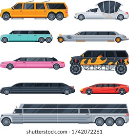 Limousine Cars Collection, Premium Luxurious Vehicles, Side View Flat Vector Illustration