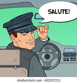 Limousine Driver. Chauffeur Saluting Passenger. Pop Art vector illustration