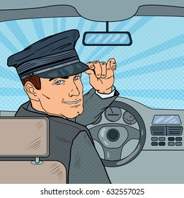 Limousine Driver Inside a Car. Chauffeur Saluting Passenger. Pop Art vector illustration