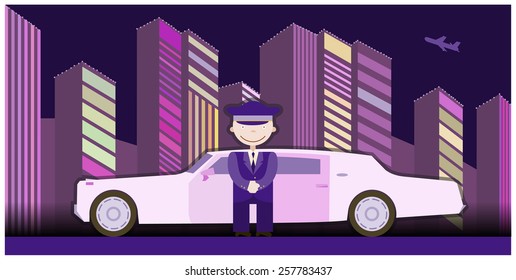 Limousine driver standing standing in front of the car