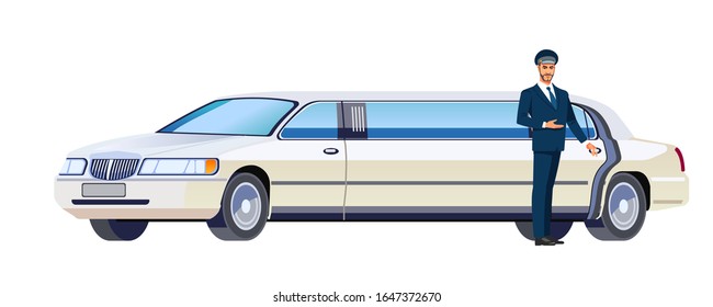 Limousine driver standing next to opened  car white limo door. Cartoon, flat design vector illustration isolated on white background.