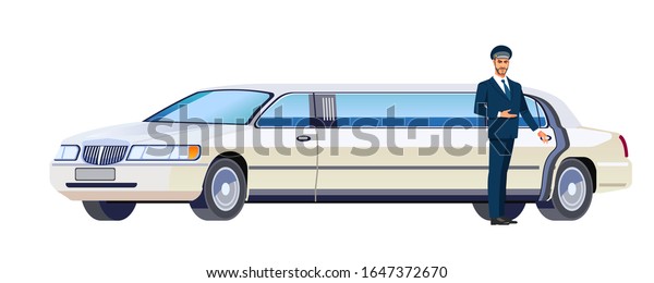 オープンした車の白いリムジンのドアの横に立つリムジンの運転手 白い背景にカートーン 平らなデザインベクターイラスト のベクター画像素材 ロイヤリティフリー