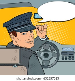 Limousine Driver In Uniform. Chauffeur Saluting Passenger. Pop Art Vector Illustration