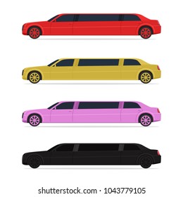 Limousine in four different colors (red, gold, pink, black) isolated on white background. No gradients. Vector illustration.
