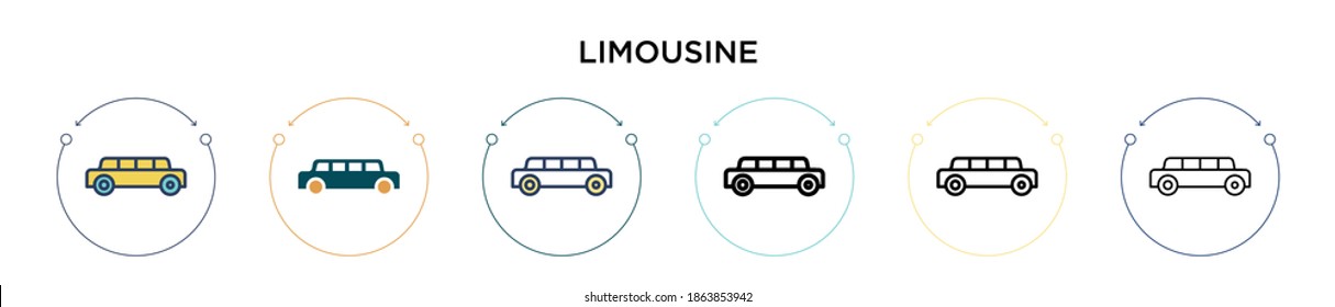 Limousine icon in filled, thin line, outline and stroke style. Vector illustration of two colored and black limousine vector icons designs can be used for mobile, ui, web