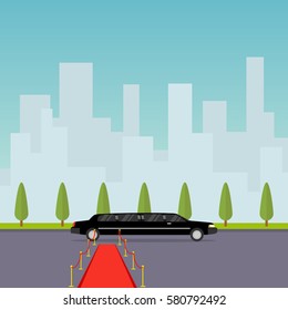 Limousine, limousine icon, long car, red carpet, celebrities. Flat design, vector illustration, vector.