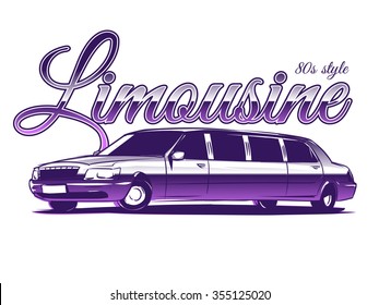 Limousine isolated on white background. 80s style stylized vector art