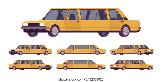 Limousine large, luxurious car set. Golden expensive limo, classic comfortable vehicle for transportation service. Vector flat style cartoon illustration isolated on white background, different views