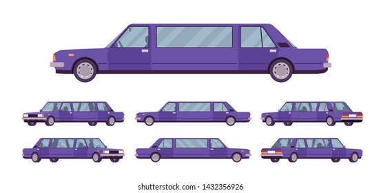 Limousine large, luxurious car set. Violet expensive limo, classic comfortable vehicle for transportation service. Vector flat style cartoon illustration isolated on white background, different views