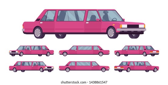 Limousine large, luxurious car set. Pink expensive limo, classic comfortable vehicle for transportation service. Vector flat style cartoon illustration isolated on white background, different views