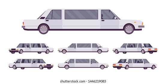 Limousine large, luxurious car set. White expensive limo, classic comfortable vehicle for transportation service. Vector flat style cartoon illustration isolated on white background, different views