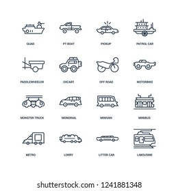 Limousine, litter car, Lorry, Metro, Minibus, Quad, paddlewheeler, Monster truck, Off road outline vector icons from 16 set