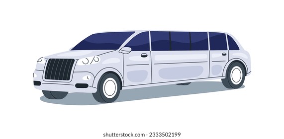 Limousine, auto largo y extendido. Limo, automóvil VIP de lujo. Premium prestige elegante y caro autotransporte grande, vehículo de carretera. Ilustración vectorial plana aislada en fondo blanco