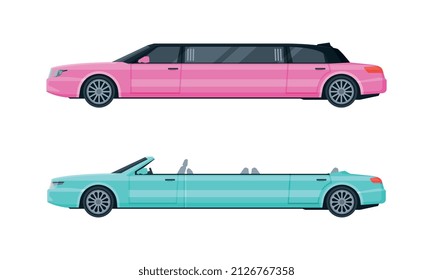 Limousine as Long Wheelbase Luxury Sedan and Urban Transport Vector Set