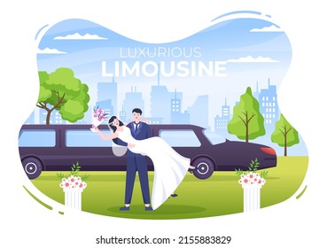 Limousine on Wedding Ceremony with Pictures of Car, Men and Women Wearing Married Dresses in Flat Cartoon Illustration