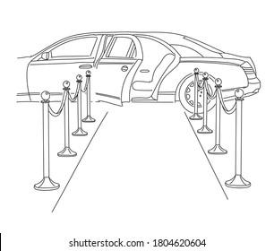 Limousine With An Open Door On The Red Carpet. The Release Of A Movie Or Show Business Star. Vector Linear Illustration