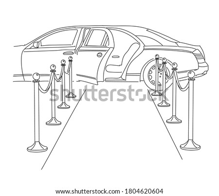 Limousine with an open door on the red carpet. The release of a movie or show business star. Vector linear illustration