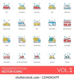 Limousine, race car, taxi, pickup truck, campervan, bus coach, double decker, food, dump, garbage, fire engine, ambulance, all terrain vehicle, motorcycle, scooter, moped transportation vector icons.