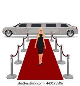 limousine with red carpet concept, flat design, vector illustration