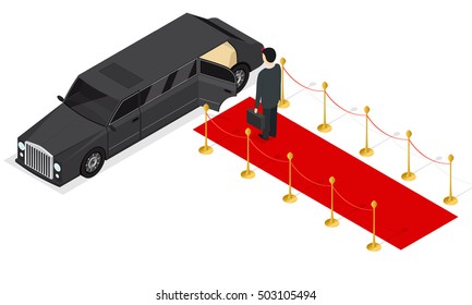 Limousine And Red Carpet Isometric View. Vector Illustration Of High Class Black Car And The End Of Red Carpet And Businessman. Expensive, Prestige, Celebrity,  Limo With Open Door