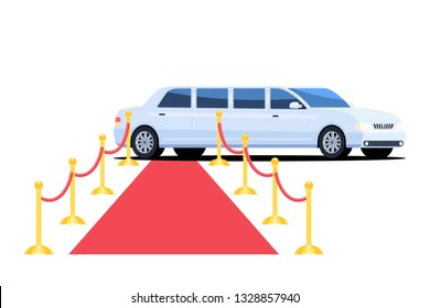 Limousine and red carpet. The luxury long white car for the VIP of persons, celebrities and important guests of a party. Vector illustration in flat style isolated on white background