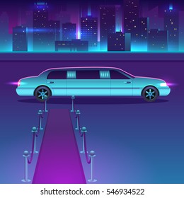 Limousine with a red carpet at night vector in front of city urban, luxury metropolis concept. Vip car and City reflected in the river. View of the embankment. Night city background