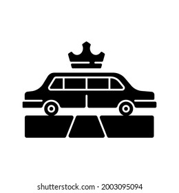 Limousine service black glyph icon. Transportation service. Premier car using. Luxury car rental. Transportation of celebrities. Silhouette symbol on white space. Vector isolated illustration