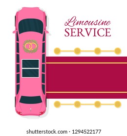 Limousine service topview vector illustration. Pink luxurious limousine with red carpet for celebtreties banner. Premium people transportation concept. Transport for bride and broom.