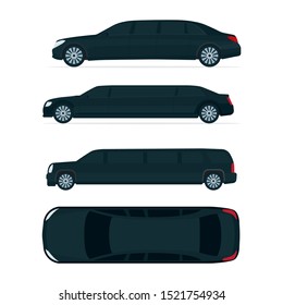 Limousine. Limousine side end top view vector illustrations set. 