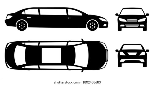 Limousine silhouette on white background. Vehicle black icons set view from side, front, back and top