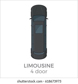 Limousine top view icon. luxury car with long body from roof view with text isolated flat vector